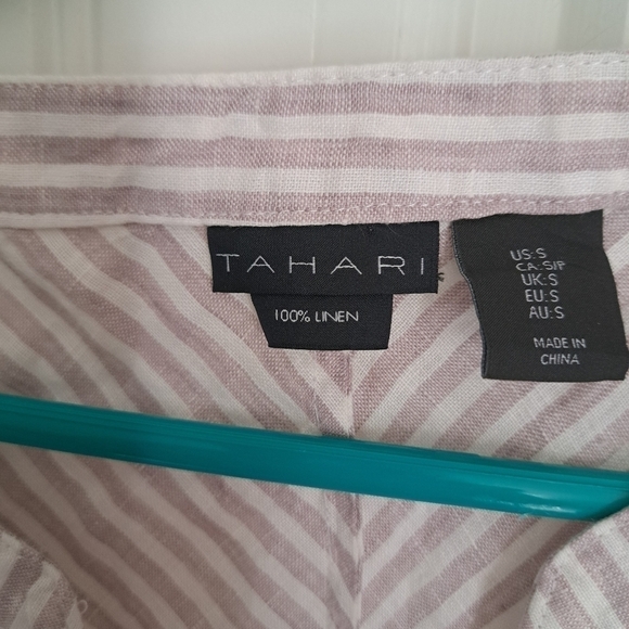 TAHARI 100% LINEN TOP V Neck short sleeve stripe coastal resort wear beachy SM - Picture 8 of 10